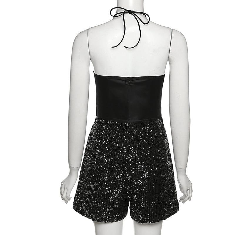 First Date Big Bow Sparkle Sequin Halter Jumpsuit