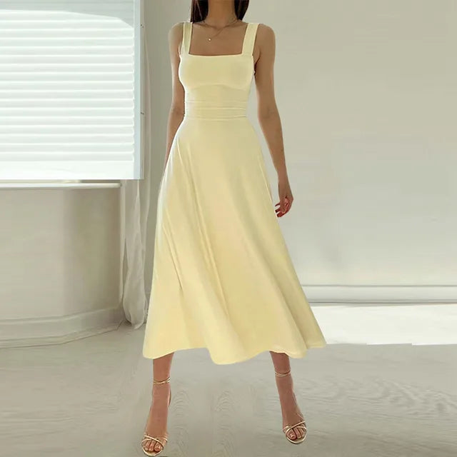 Square Neck Wide Strap Fitted Bodice A-Line Midi Dress - View 7