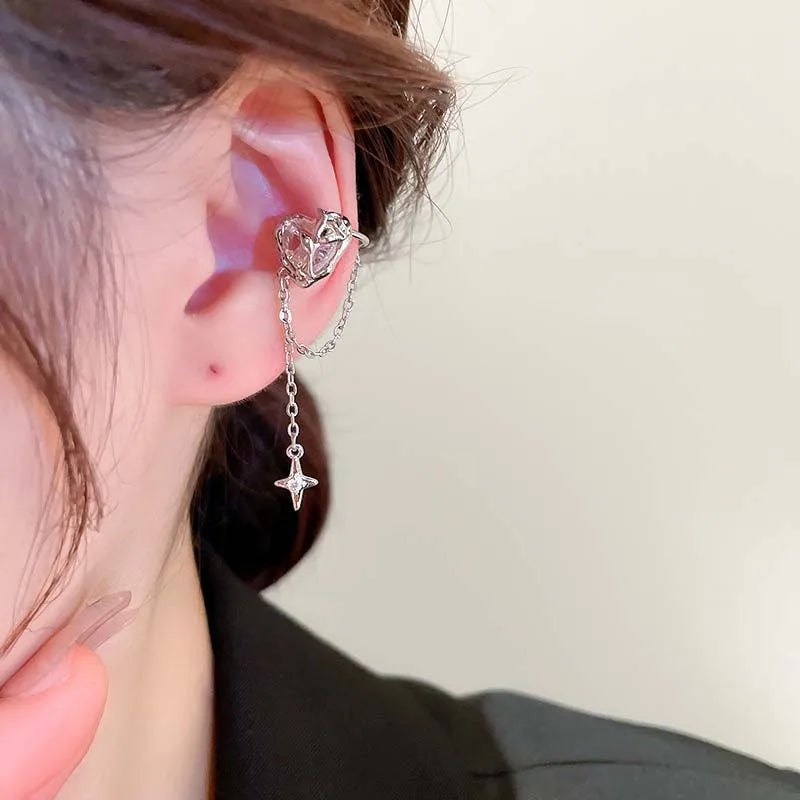 Rose Quartz Heart Celestial Fringe Clip Earring