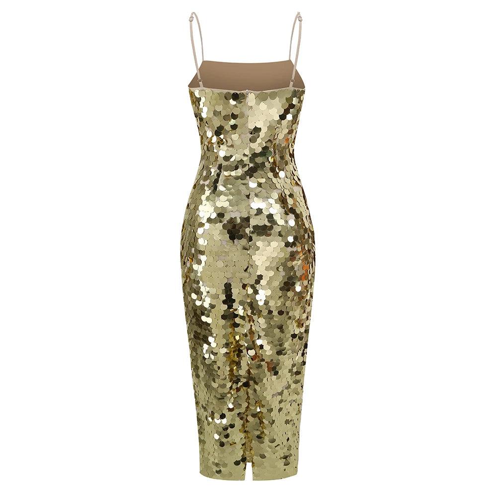 Sequin Spaghetti Strap Asymmetric Fringe Hem Bodycon Midi Dress - View 6