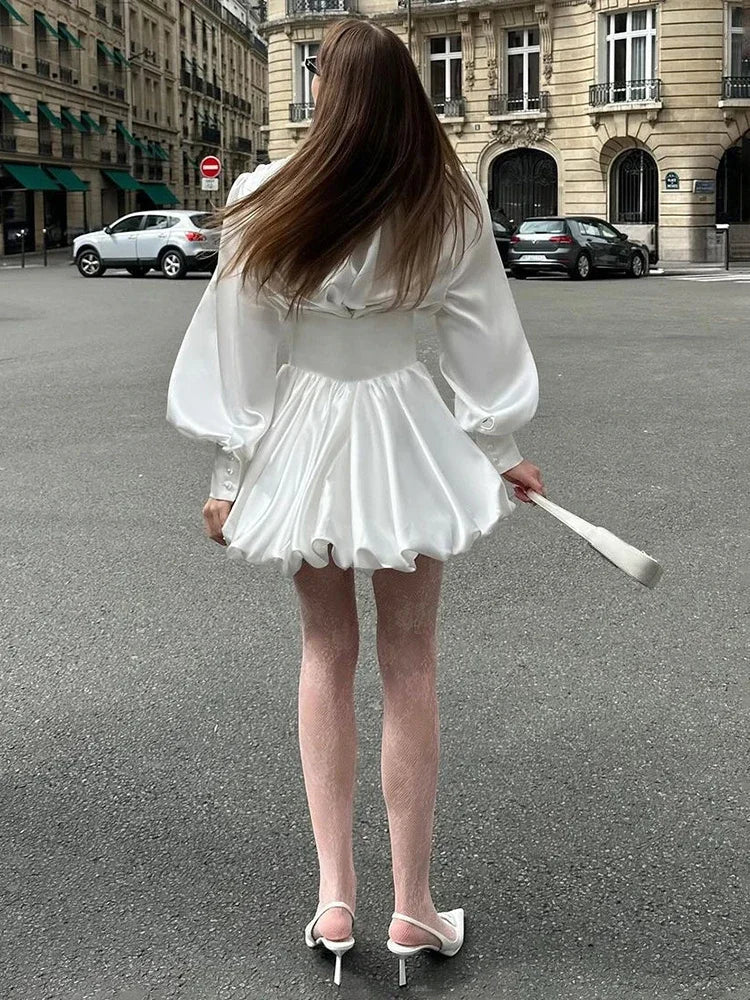 Deep V-Neck Puff Sleeve Corset Waist Bubble Skirt Mini Dress - View 4