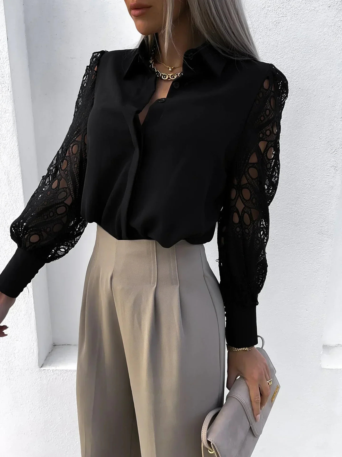 Collared Button Front Eyelet Lace Sleeve Blouse 5