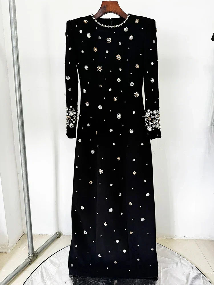 Long Sleeve Luxurious Beaded Maxi Dress - View 10