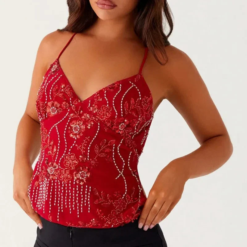 Sequin Beaded Backless Boho Halter Cami Top - Fashionpara