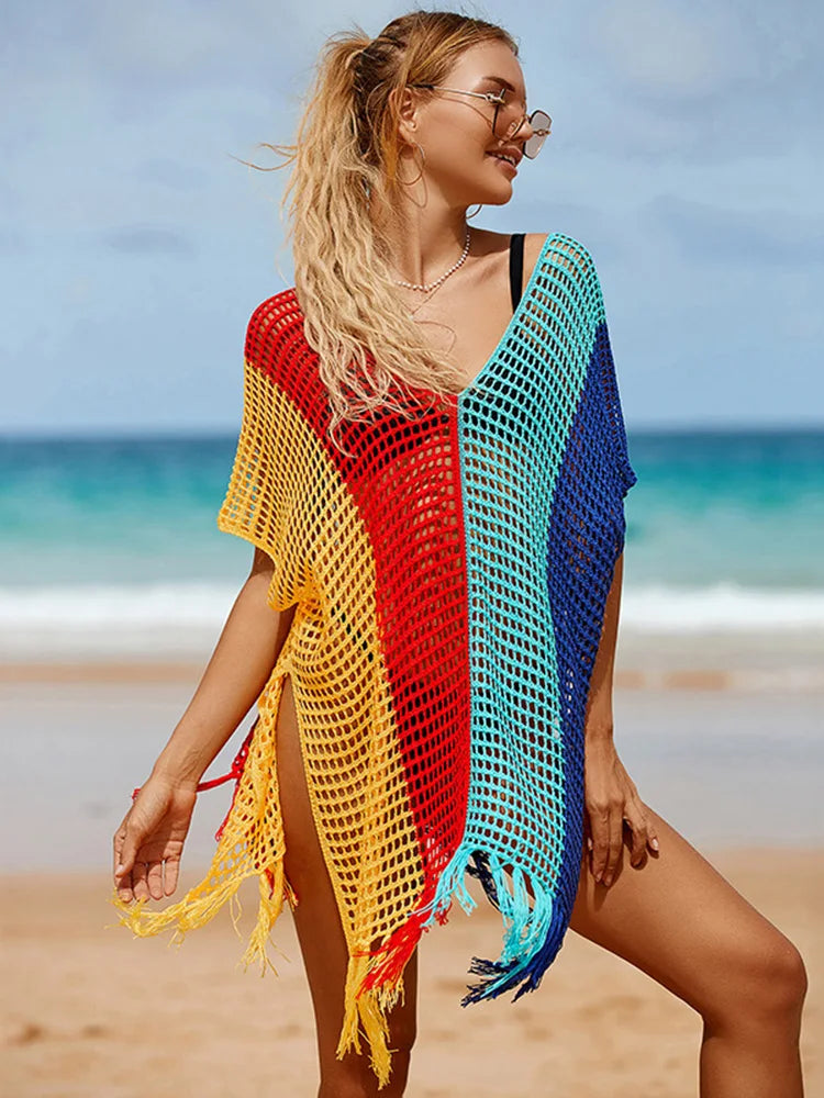 Contrast Color Tassel Hollow Beach Cover Up