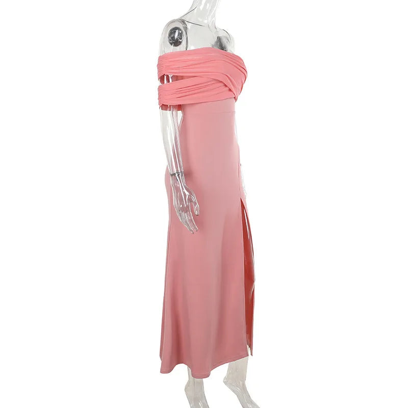 Solid One Shoulder Mesh Slit Long Dress - View 14