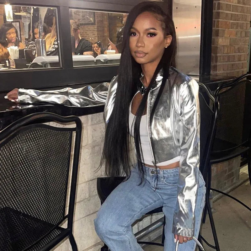 Metal Collar PU Zippered Jacket - Fashionpara