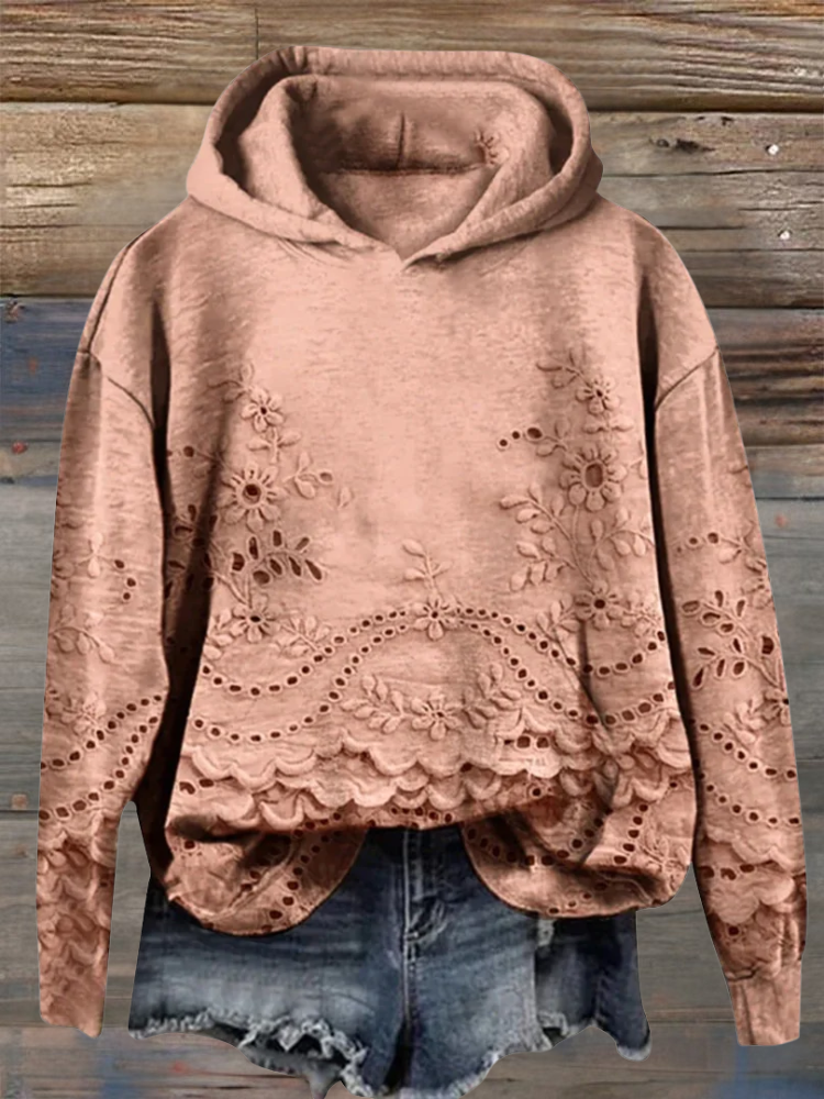 Floral Eyelet Embroidered Scalloped Hem Hoodie Sweatshirt 6