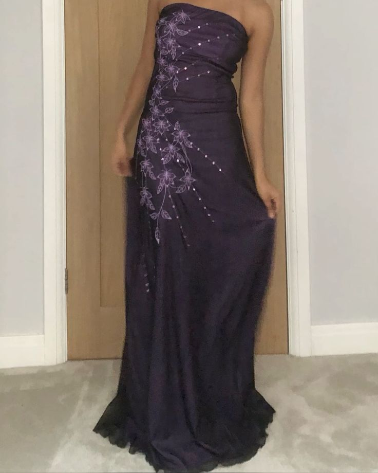 Vintage Strapless Purple Chiffon Satin Beaded Long Birthday Prom Dress Evening Gown D1599