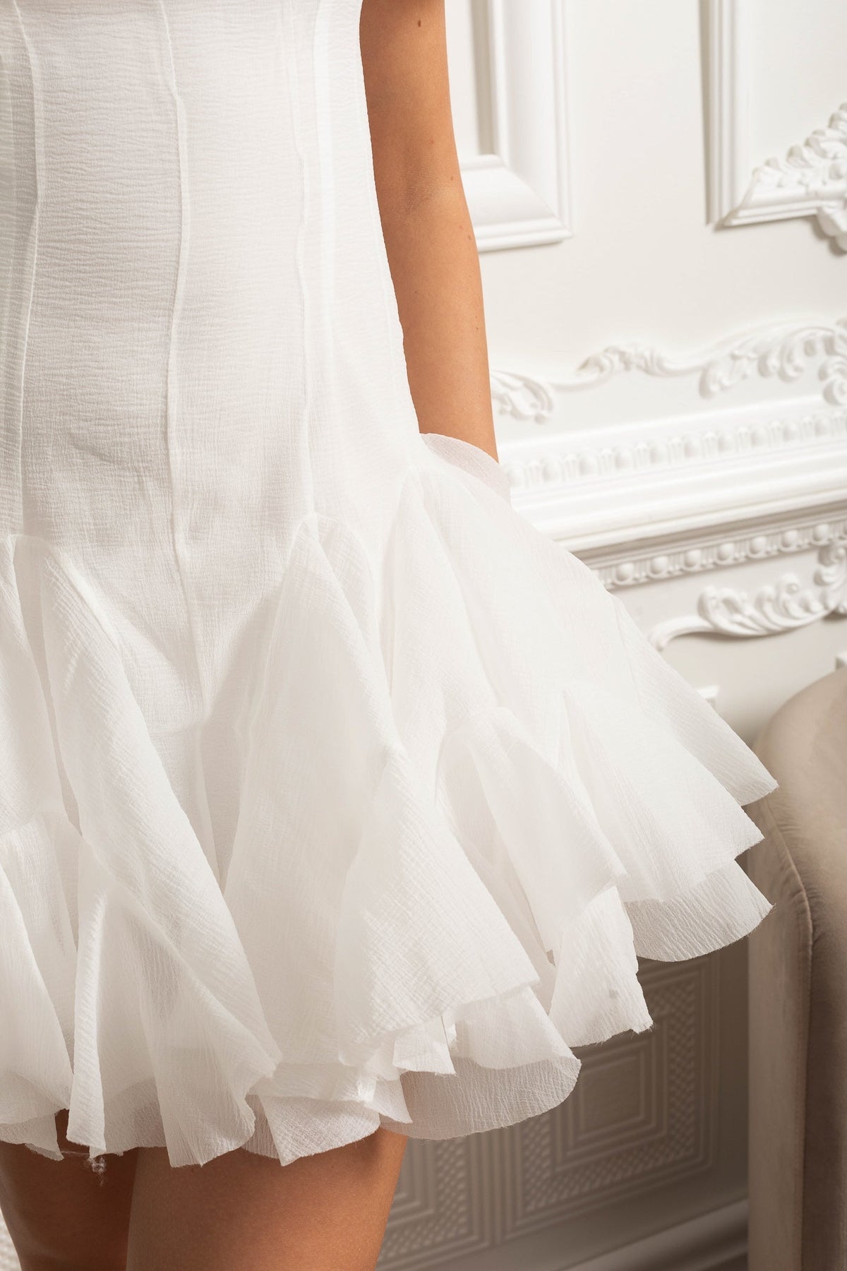 Off-Shoulder Mini Dress with Ruffled Organza Trim - White - View 7