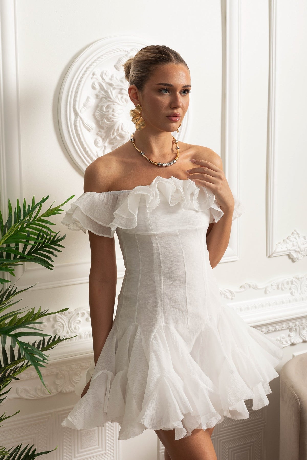 Off-Shoulder Mini Dress with Ruffled Organza Trim - White - View 8