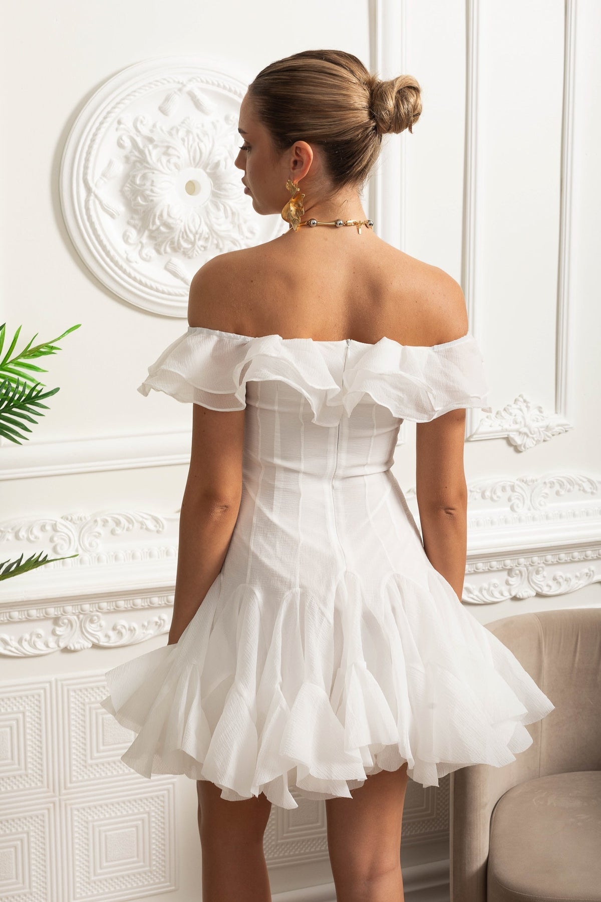Off-Shoulder Mini Dress with Ruffled Organza Trim - White - View 11