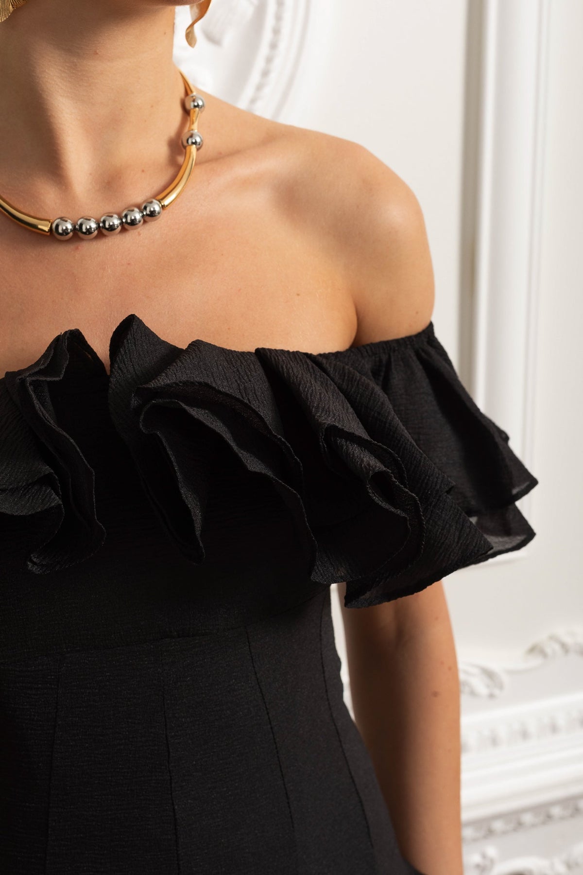 Off-Shoulder Mini Dress with Ruffled Organza Trim - Black - View 5