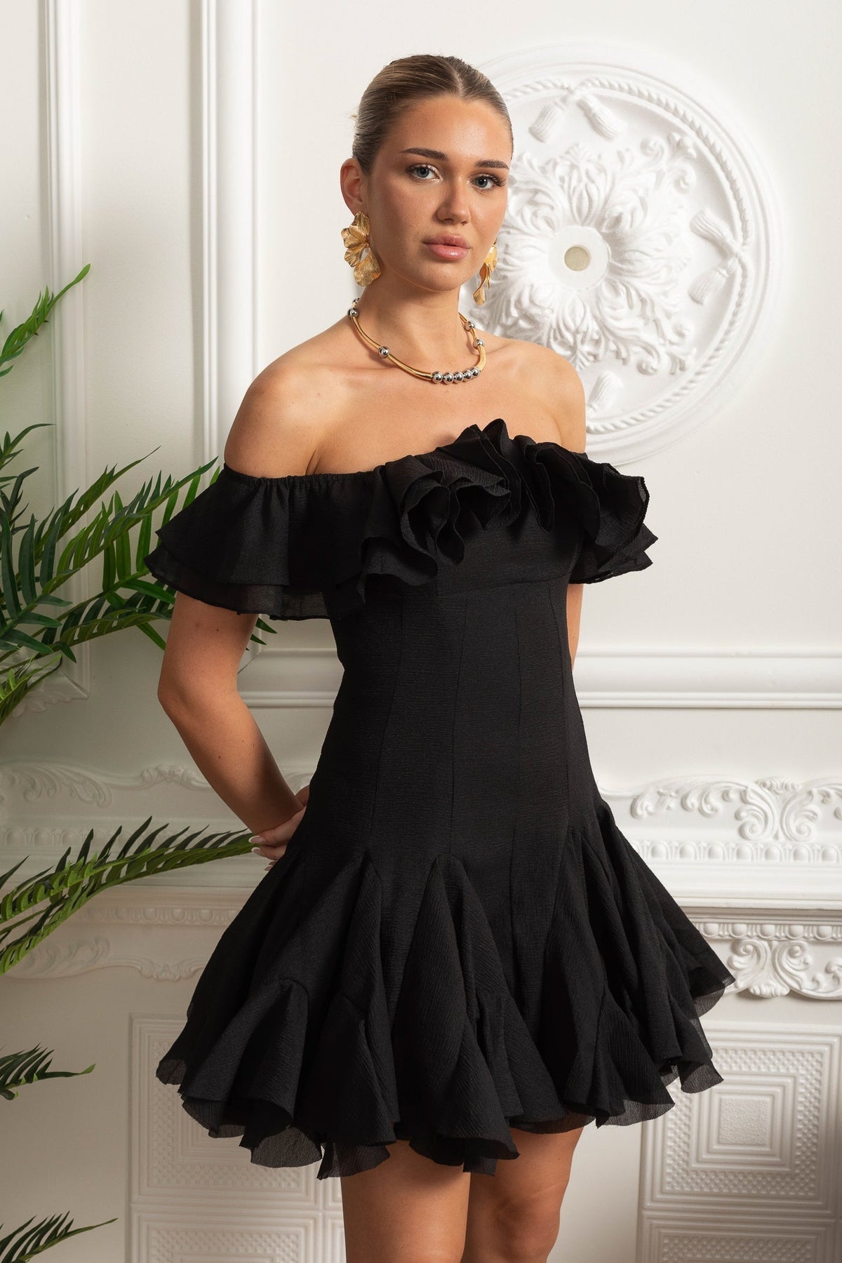 Off-Shoulder Mini Dress with Ruffled Organza Trim - Black - View 6
