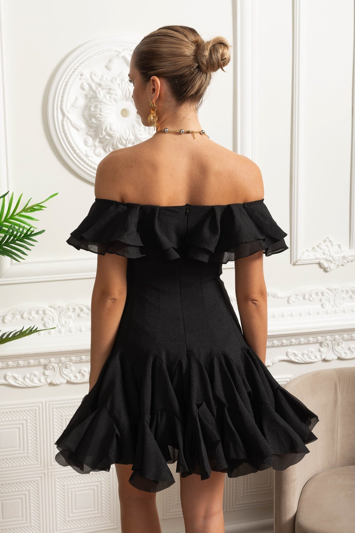 Off-Shoulder Mini Dress with Ruffled Organza Trim - Black - View 7