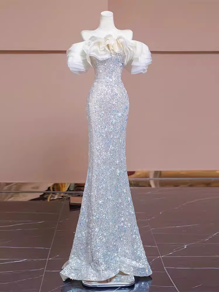 Pretty Mermaid Off The Shoulder Sequin Long Evening Party Dress Prom Dresses