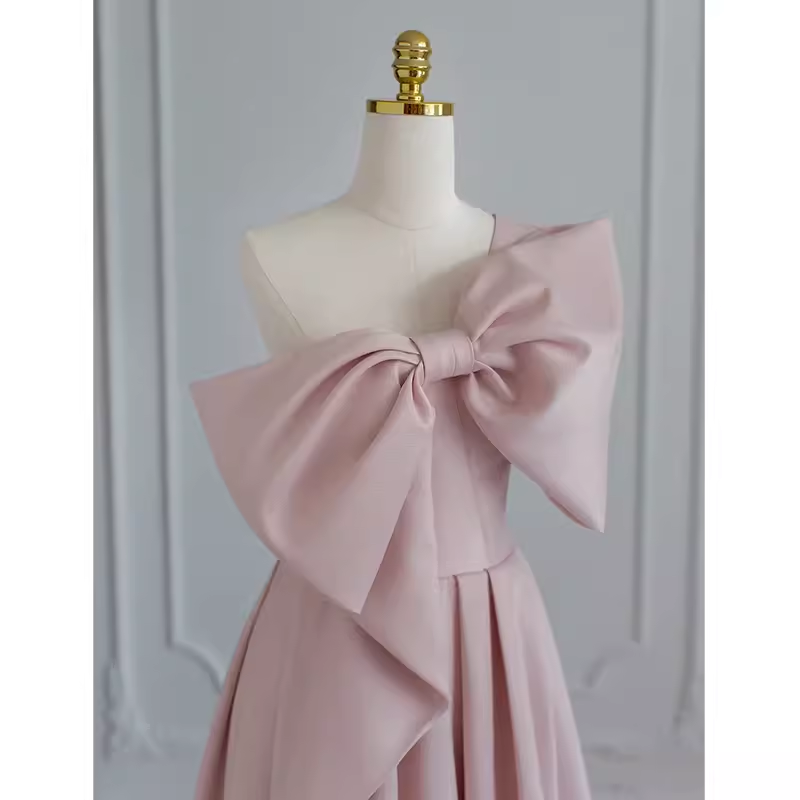 Pretty A line One Shoulder Pink Satin Long Evening Party Dress Prom Dresses With Bowknot