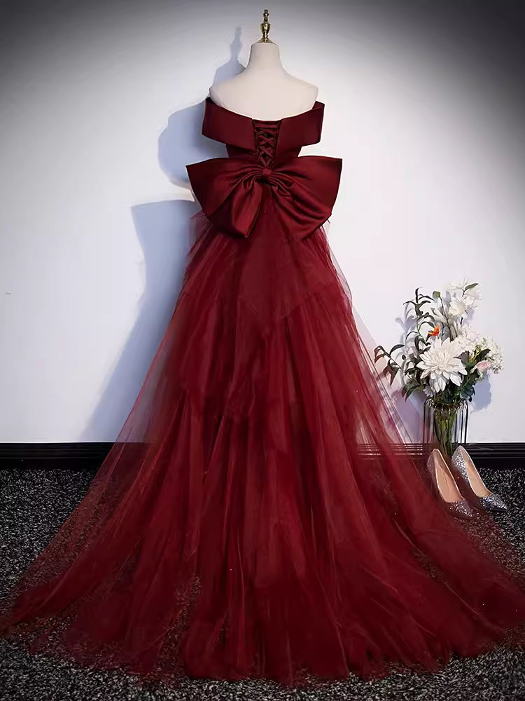 Pretty A line Off The Shoulder Burgundy Satin Long Evening Party Dress Prom Dresses With Bow