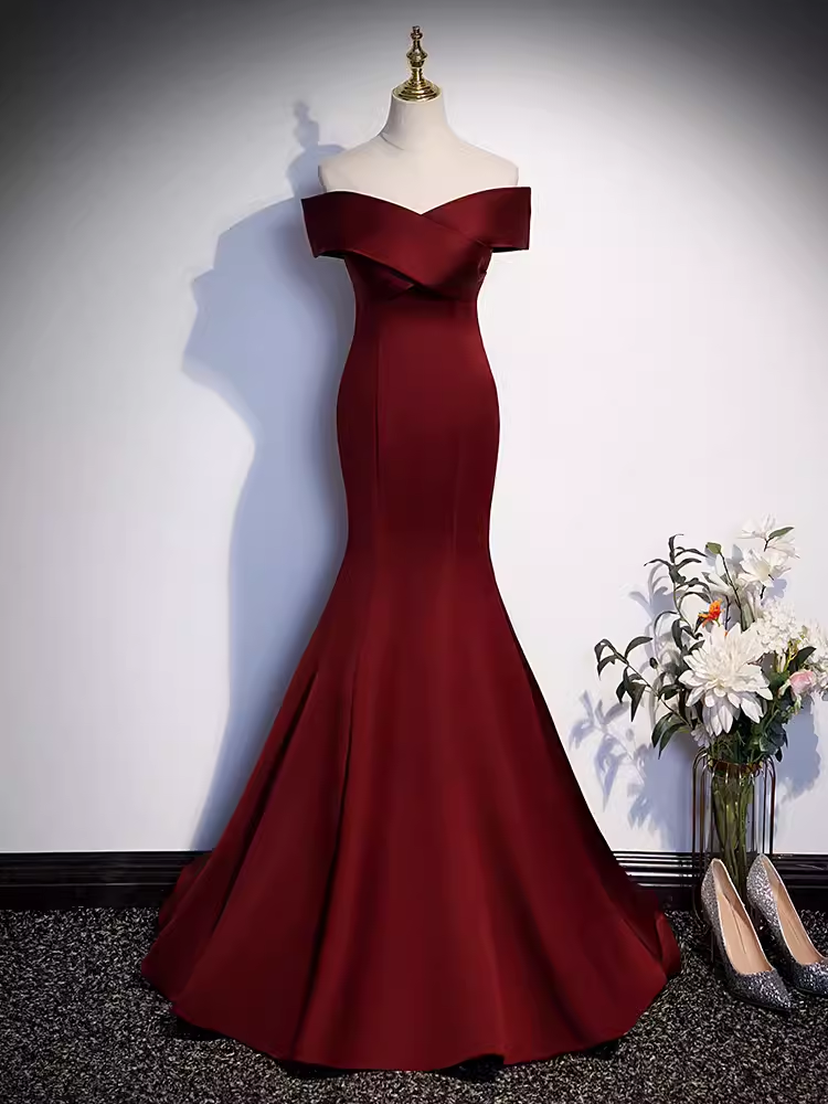 Pretty A line Off The Shoulder Burgundy Satin Long Evening Party Dress Prom Dresses With Bow