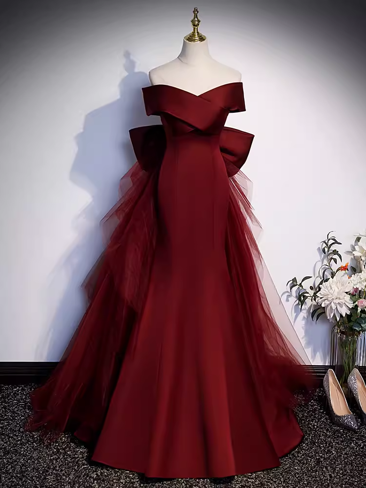 Pretty A line Off The Shoulder Burgundy Satin Long Evening Party Dress Prom Dresses With Bow