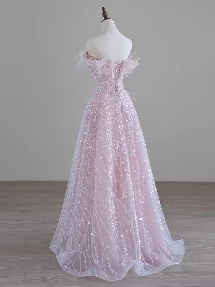 Pretty A line Off The Shoulder Pink Sequin Long Evening Party Dress Prom Dresses