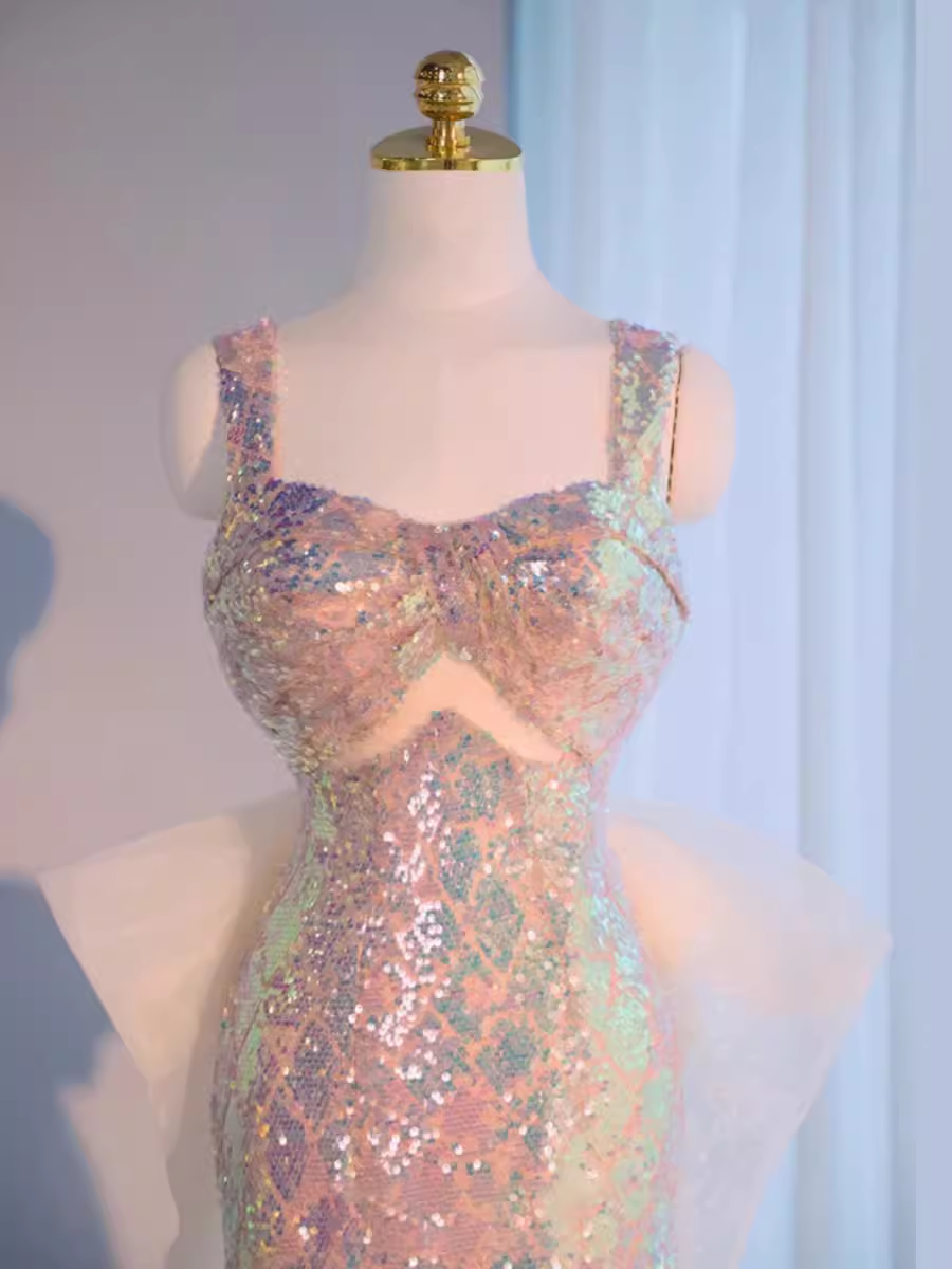 Vintage Mermaid Straps Sequin Beads Long Prom Dress Formal Dresses