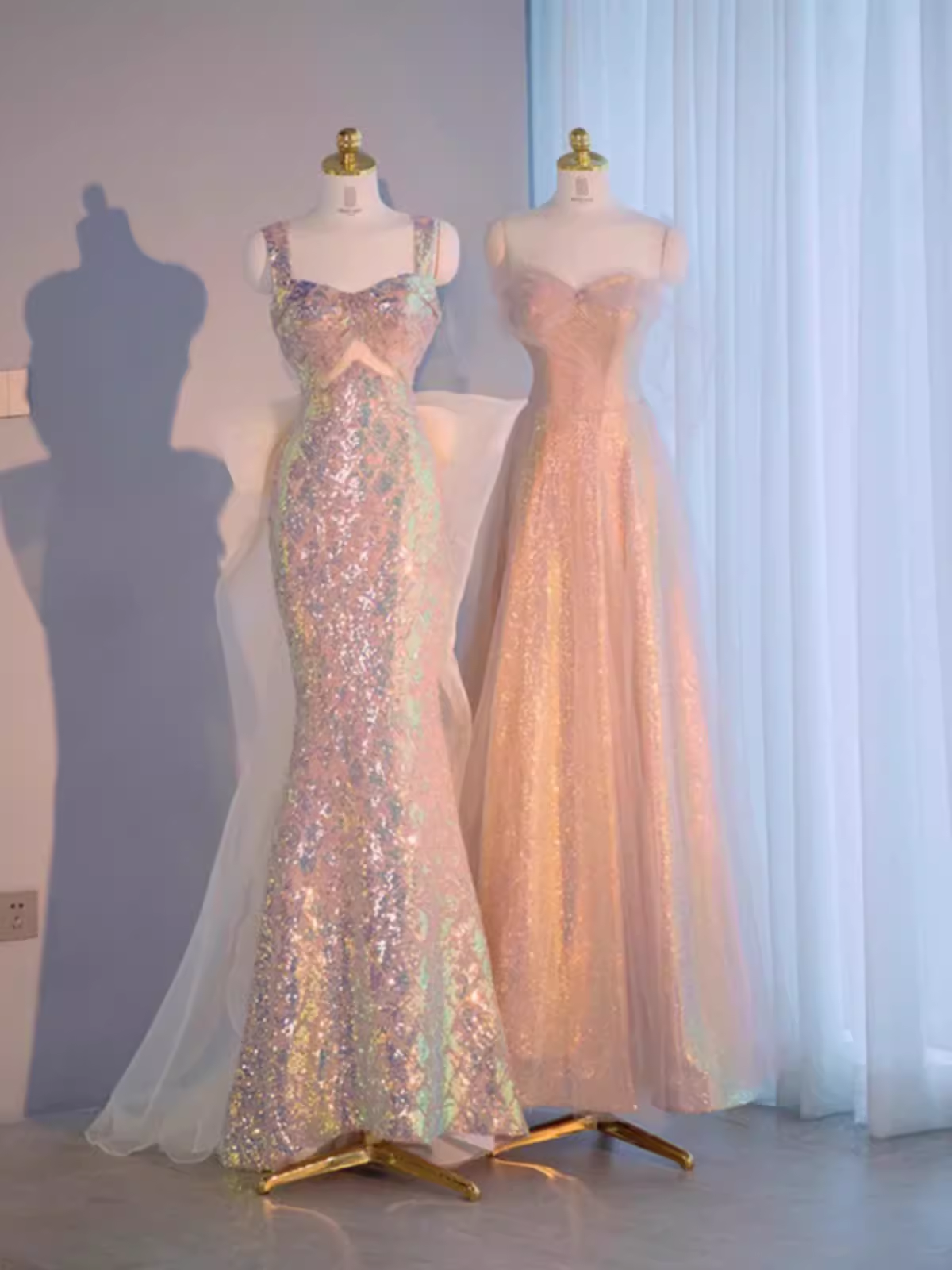 Vintage Mermaid Straps Sequin Beads Long Prom Dress Formal Dresses