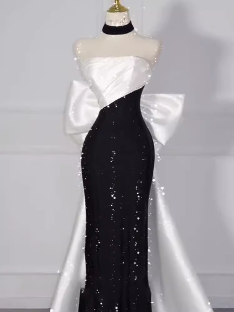 Vintage Mermaid Strapless Sequin Black Long Prom Dress Formal Dresses