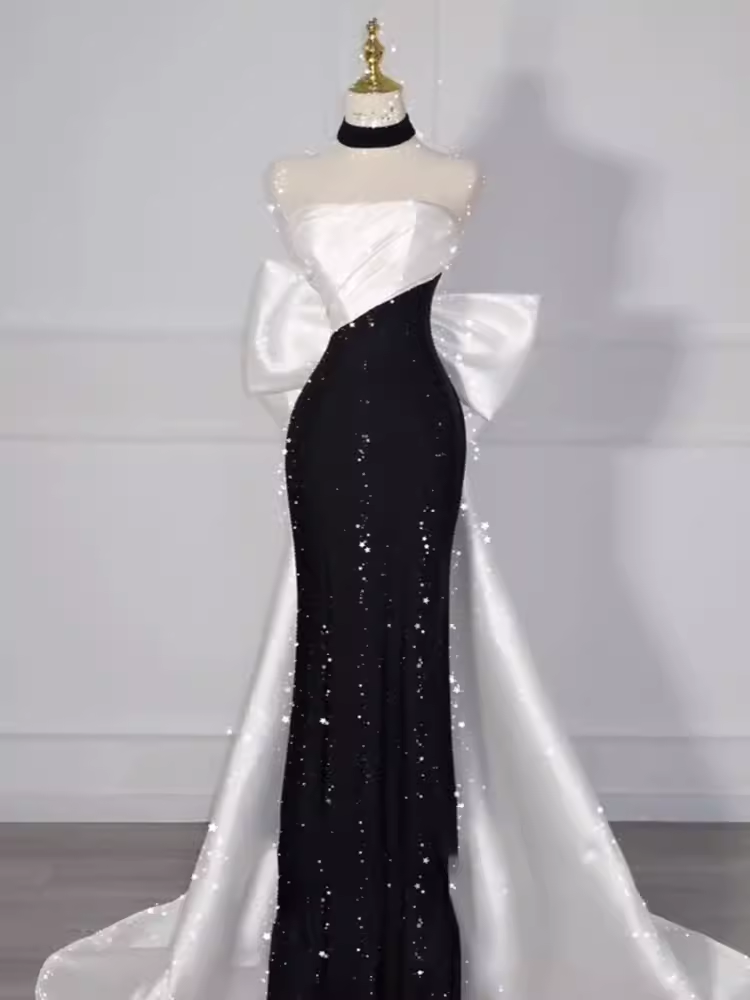 Vintage Mermaid Strapless Sequin Black Long Prom Dress Formal Dresses