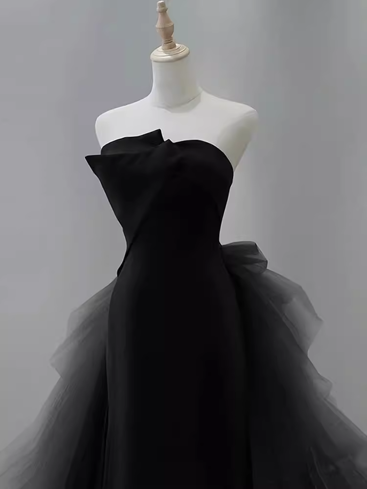 Vintage Sheath Strapless Satin Black Tulle Long Prom Dress Formal Dresses