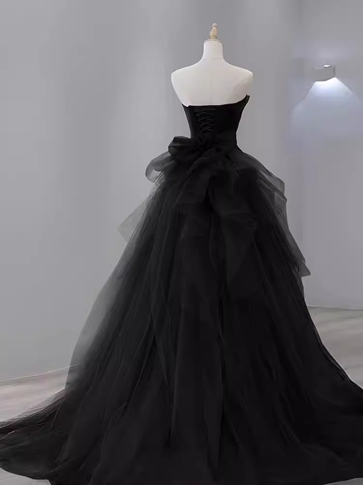 Vintage Sheath Strapless Satin Black Tulle Long Prom Dress Formal Dresses