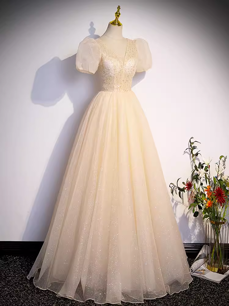 Pretty A line V Neckline Short Sleeves Long Evening Party Dress Prom Dresses