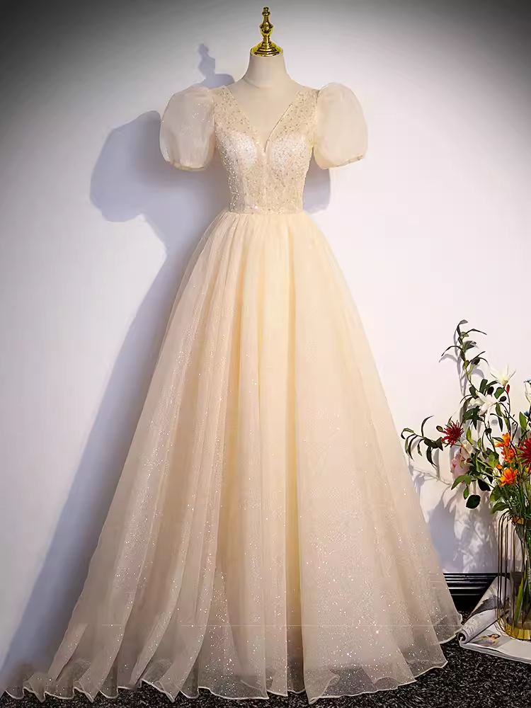 Pretty A line V Neckline Short Sleeves Long Evening Party Dress Prom Dresses