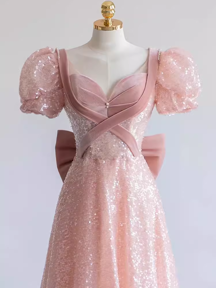 Pretty A line Sweetheart Short Sleeves Long Evening Party Dress Pink Prom Dresses