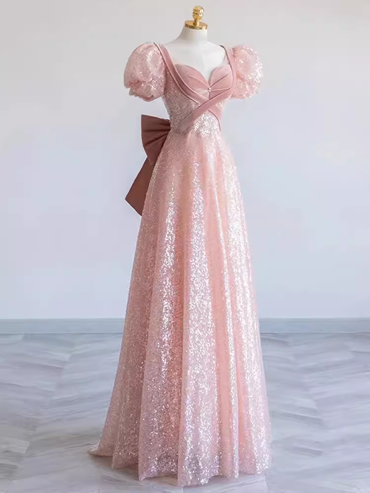 Pretty A line Sweetheart Short Sleeves Long Evening Party Dress Pink Prom Dresses