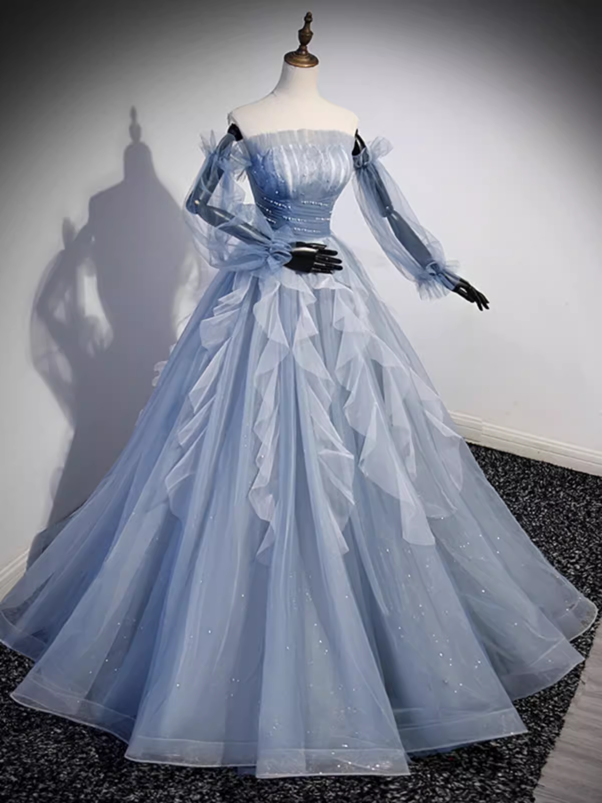 Vintage Ball Gown Strapless Satin Dusty Blue Tulle Long Prom Dress Formal Dresses