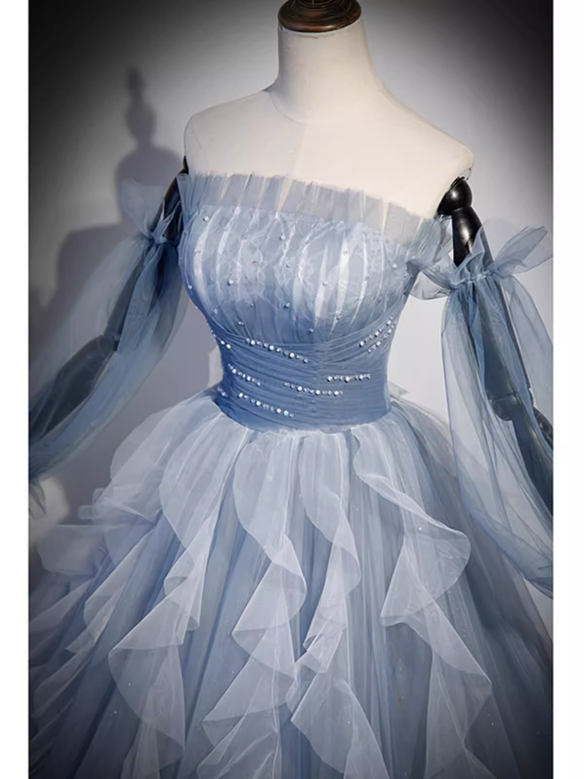 Vintage Ball Gown Strapless Satin Dusty Blue Tulle Long Prom Dress Formal Dresses