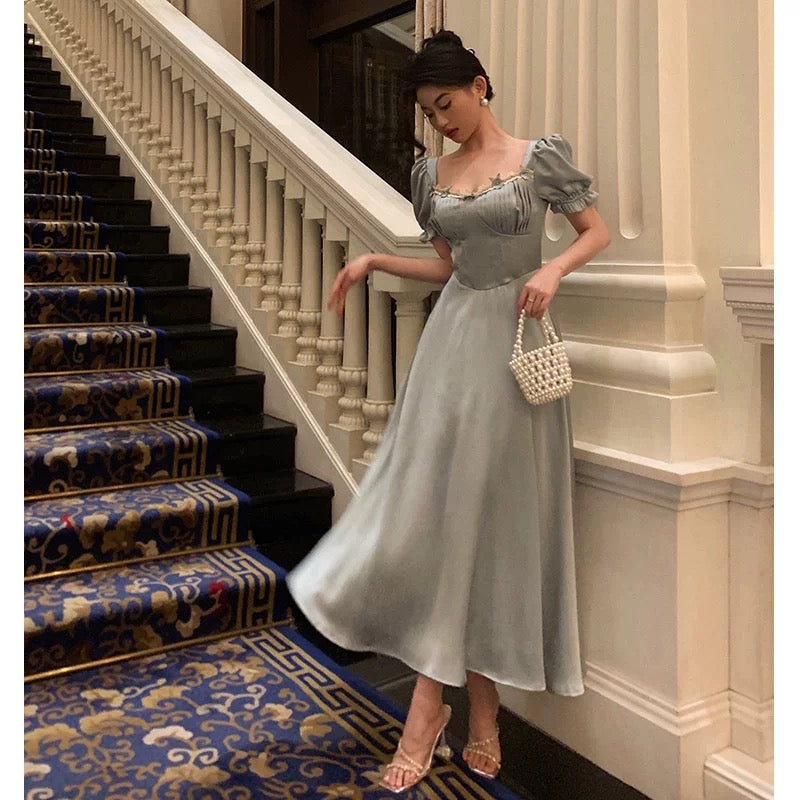 Classy A Line Sweetheart Blue Satin Prom Dresses Birthday Outfits Evening Gown SD1109