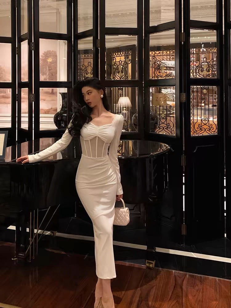 Classy Sheath Long Sleeves White Prom Dresses Birthday Outfits Evening Gown SD1116