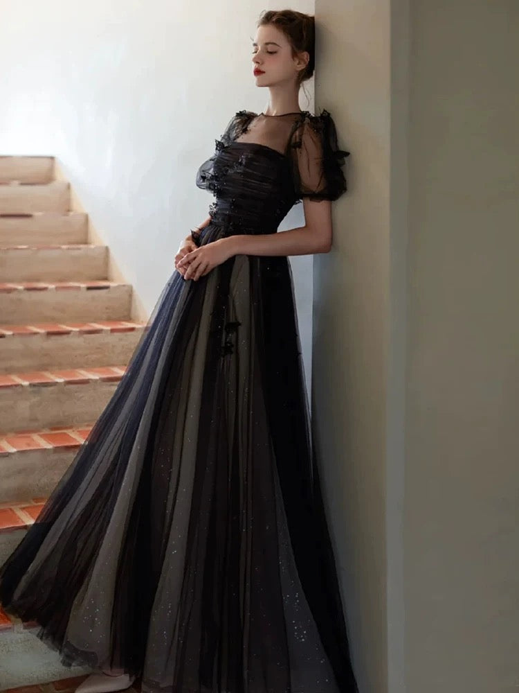 A-Line Puff Sleeves Tulle Long Prom Dress Black Formal Evening Dress SD1303