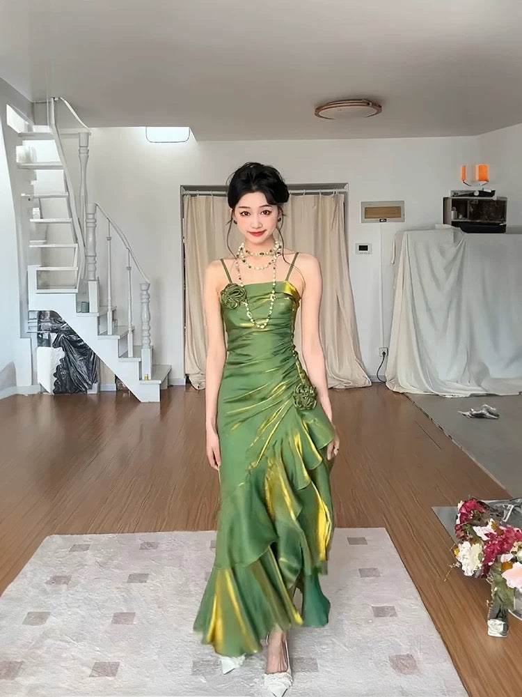 Retro Mermaid Spaghetti Straps Satin Long Party Dress Green Prom Dresses SD2408