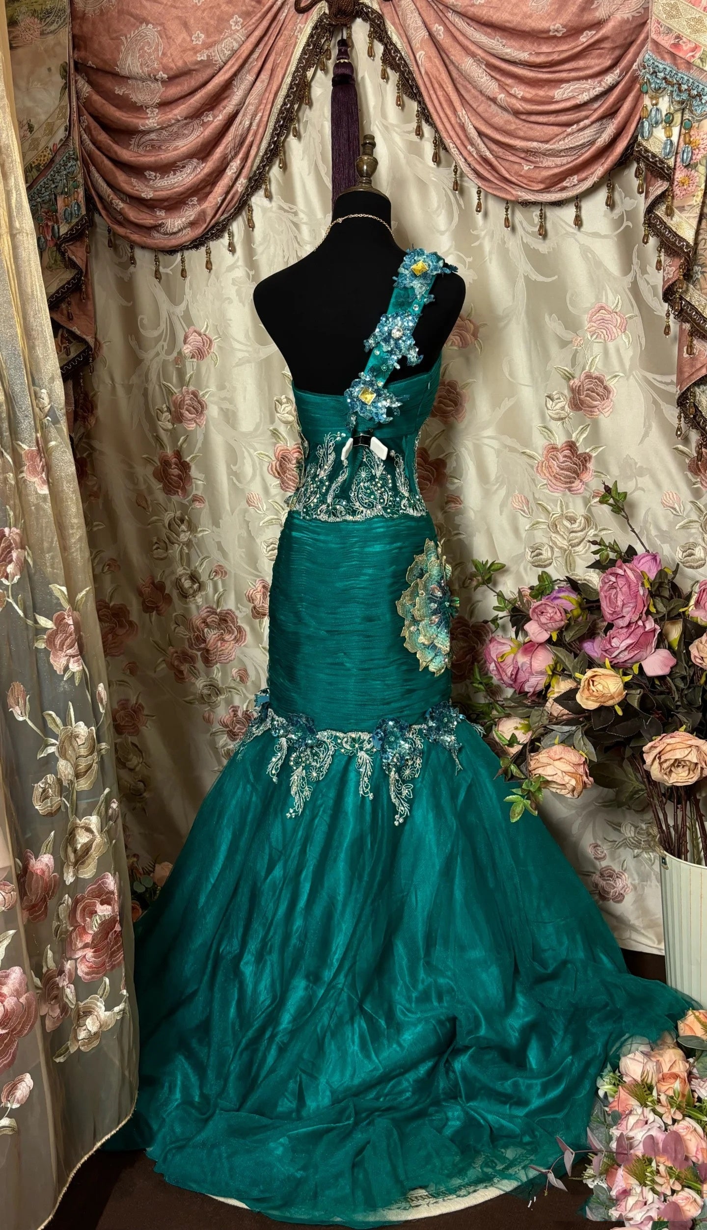 Retro Mermaid One Shoulder Green Lace Prom Dresses Long Party Dress SD1310