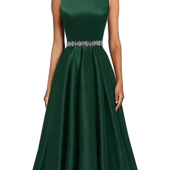Sexy A Line Scoop Neckline Satin Green Long Prom Dresses Party Dress SD1340