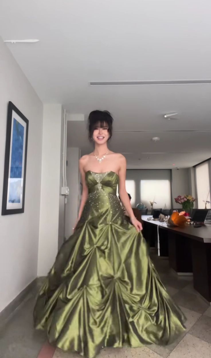 Pretty Ball Gown Strapless Satin Olive Green Long Ruffles Prom Dresses Formal Evening Dress SD2381