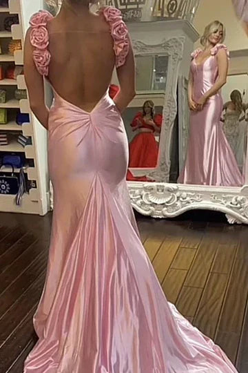 Sexy Mermaid Straps Neckline Pink Satin Backless Evening Gown Prom Dresses SD1431