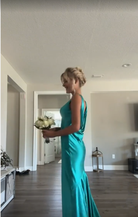 Classy A line V Neckline Blue Satin Sleeveless Long Prom Dresses SD1444