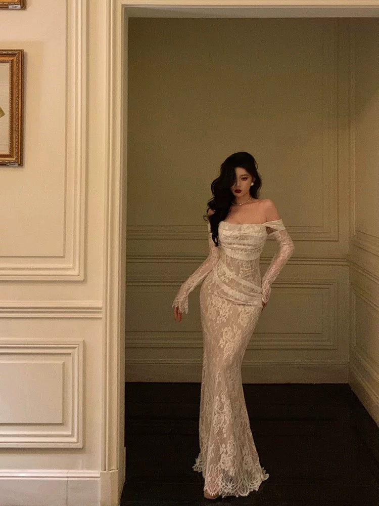 Classy Sheath Off The Shoulder White Long Sleeves Prom Dresses SD1454