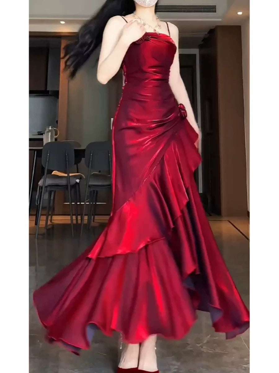 Simple Mermaid Spaghetti Straps Burgundy Party Dress Long Prom Dresses SD1465