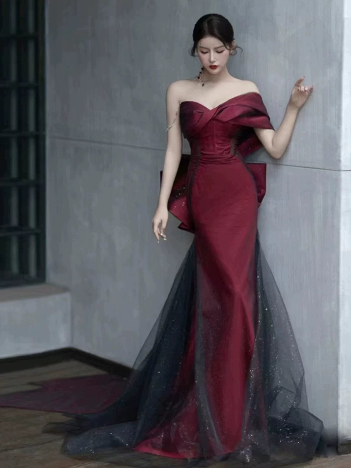 Classy Mermaid Off The Shoulder Burgundy Long Party Dress Satin Prom Dresses SD1467