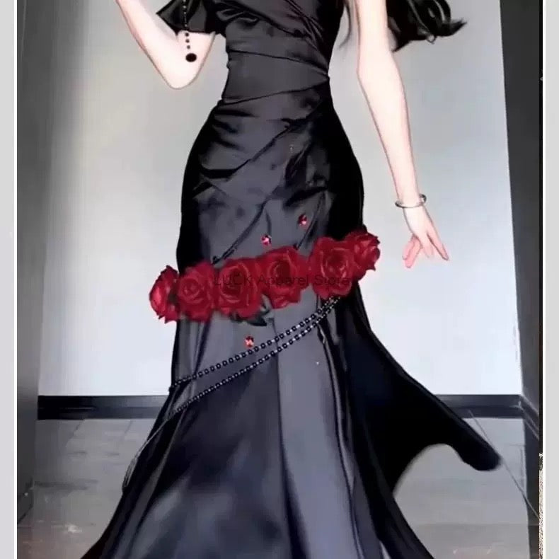 Retro Mermaid One Shoulder Black Satin Party Dress Long Prom Dresses SD1471